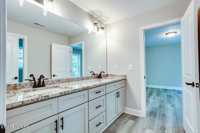 full bathroom featuring wood finished floors, a sink, visible vents, baseboards, and double vanity