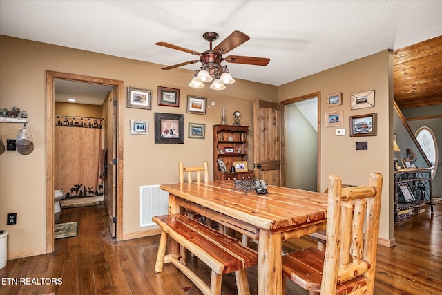 dining room with dark wood-style flooring, visible vents, ceiling fan, and baseboards