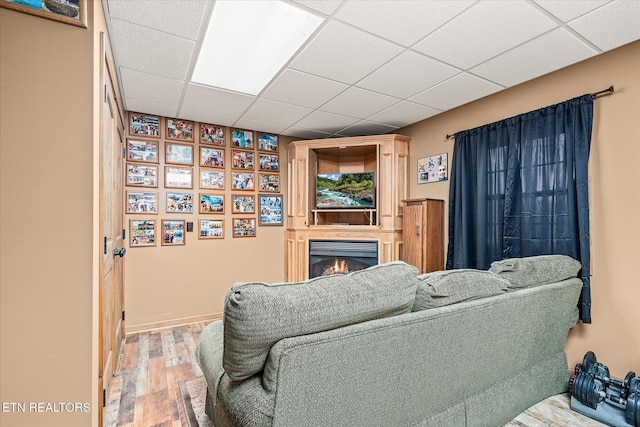 living area with a warm lit fireplace, a drop ceiling, and wood finished floors