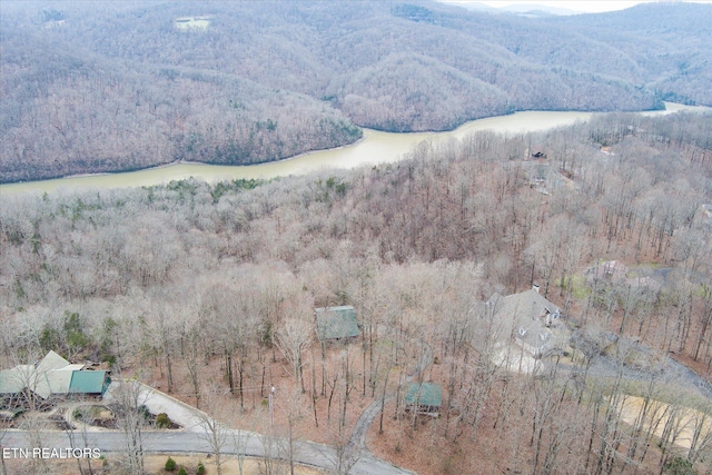 aerial view with a view of trees and a water and mountain view