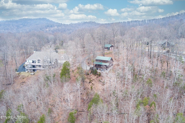 drone / aerial view featuring a wooded view and a mountain view