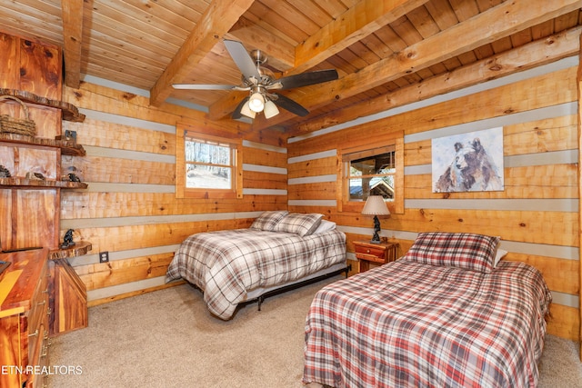 bedroom with wood ceiling, light carpet, beam ceiling, and wooden walls