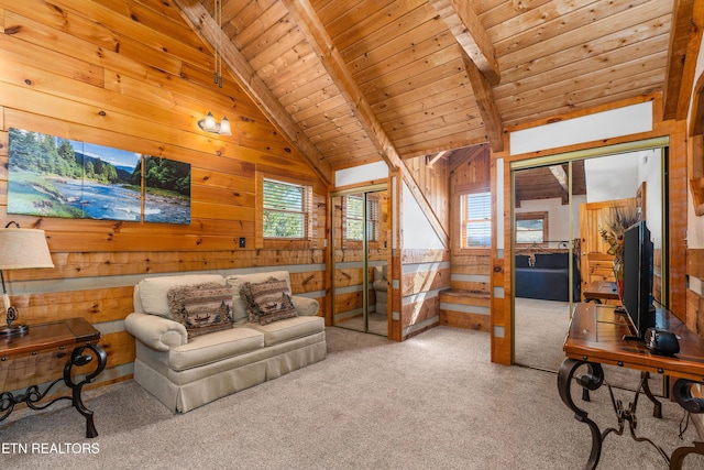 living room featuring carpet floors, wooden ceiling, wood walls, and vaulted ceiling with beams