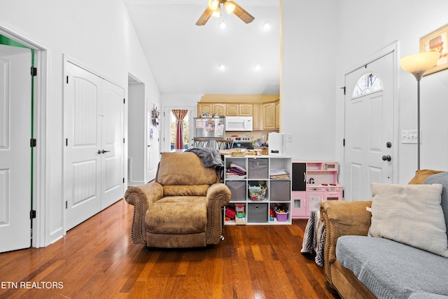 sitting room featuring high vaulted ceiling, wood finished floors, and a healthy amount of sunlight