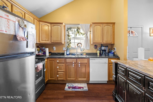 kitchen featuring lofted ceiling, stainless steel appliances, dark wood-type flooring, a sink, and dark countertops