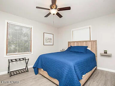 bedroom featuring wood finished floors, a ceiling fan, and baseboards