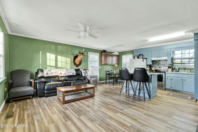 living area with ornamental molding, light wood-style flooring, and a ceiling fan