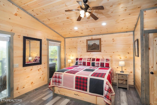 bedroom with vaulted ceiling, wood walls, wood finished floors, and wood ceiling