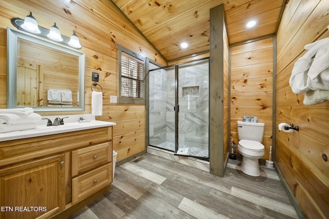 full bath with a stall shower, wooden walls, toilet, wood ceiling, and wood finished floors