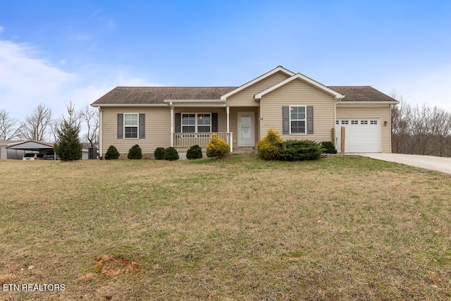 single story home with a garage, driveway, a front lawn, and a porch