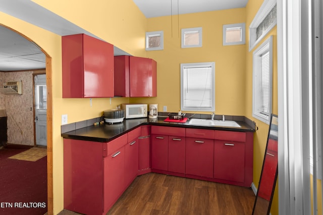 kitchen with red cabinetry, white microwave, a sink, dark wood-style floors, and dark countertops