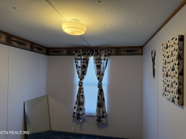 room details featuring a textured ceiling and ornamental molding