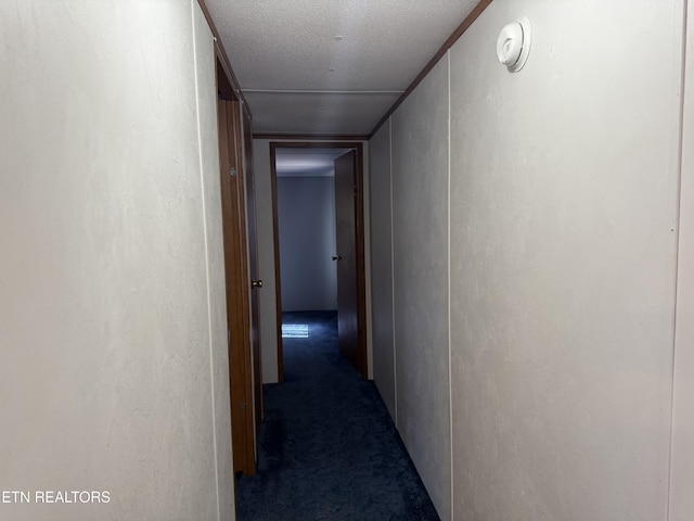 hallway featuring carpet flooring, a textured wall, and a textured ceiling