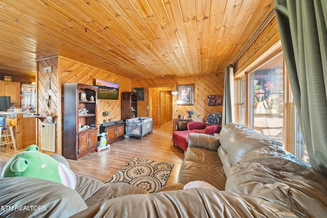 living area with wooden ceiling, light wood finished floors, and wooden walls