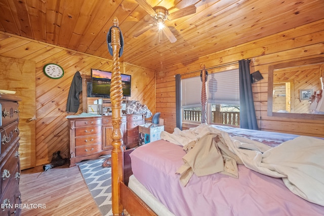 bedroom featuring wooden ceiling, access to exterior, wood finished floors, and wood walls