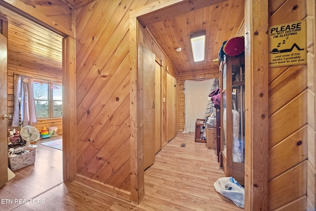 corridor featuring wooden ceiling, wooden walls, and light wood finished floors