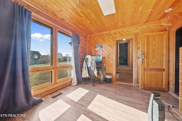 interior space with a skylight, wood ceiling, and visible vents