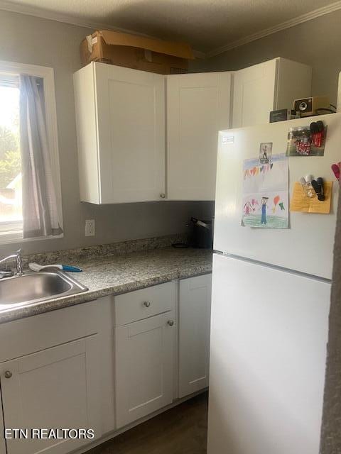 kitchen with ornamental molding, freestanding refrigerator, white cabinets, and a sink