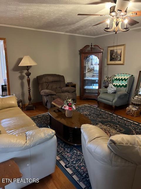 living area with ceiling fan, crown molding, a textured ceiling, and wood finished floors