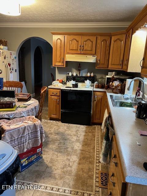 kitchen with arched walkways, under cabinet range hood, electric range, a sink, and light countertops