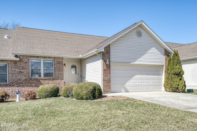 ranch-style house featuring roof with shingles, an attached garage, concrete driveway, a front lawn, and brick siding