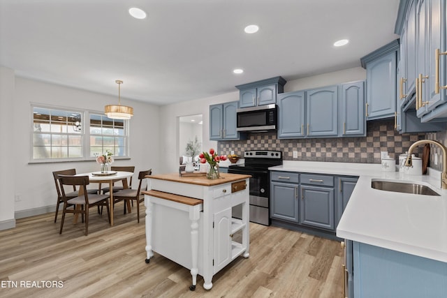 kitchen featuring butcher block countertops, light wood-style flooring, a sink, appliances with stainless steel finishes, and decorative backsplash