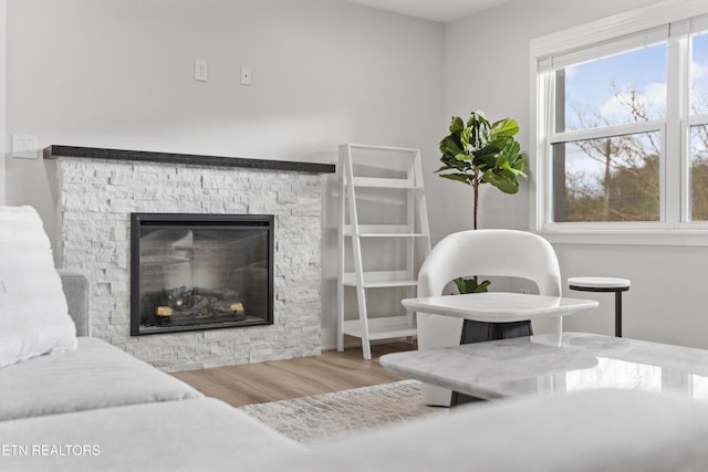 living area with a stone fireplace and wood finished floors