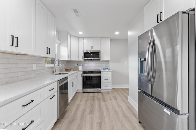 kitchen featuring decorative backsplash, white cabinets, stainless steel appliances, and a sink