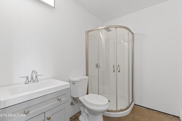 bathroom featuring vanity, a shower stall, toilet, and concrete flooring