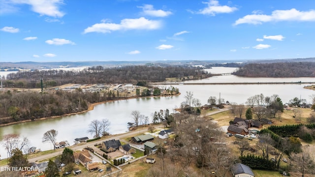 birds eye view of property featuring a forest view and a water view