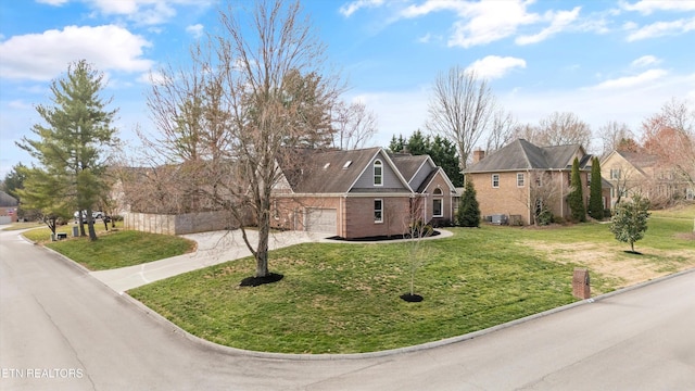 view of front facade with an attached garage, driveway, brick siding, and a front yard