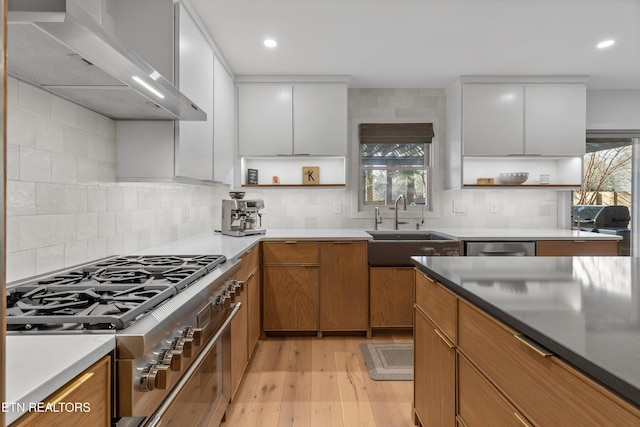 kitchen featuring open shelves, a sink, appliances with stainless steel finishes, light wood-type flooring, and wall chimney exhaust hood