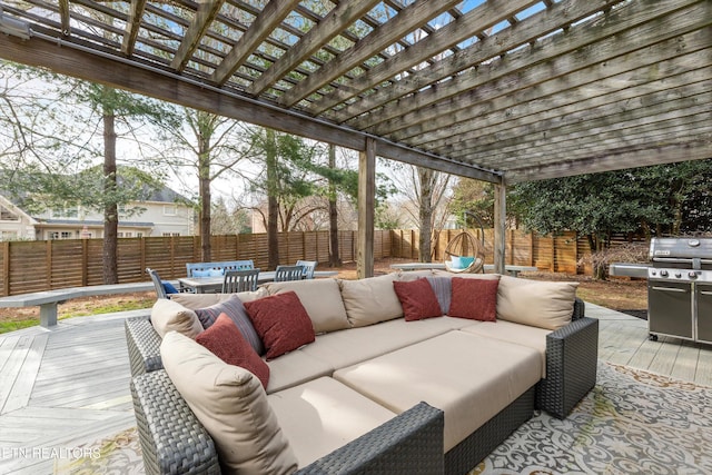 view of patio featuring a fenced backyard, a wooden deck, an outdoor living space, and a pergola