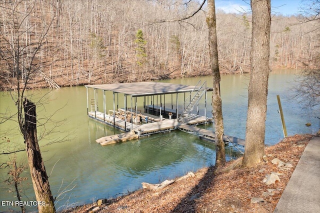 dock area with a water view and a view of trees