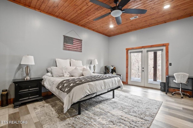 bedroom featuring access to exterior, wooden ceiling, visible vents, and wood finished floors