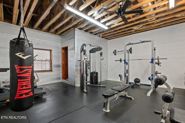 workout area with a ceiling fan