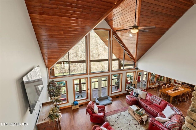 living room with high vaulted ceiling, a ceiling fan, wooden ceiling, and wood finished floors