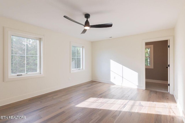 unfurnished room featuring baseboards, ceiling fan, and light wood-style floors