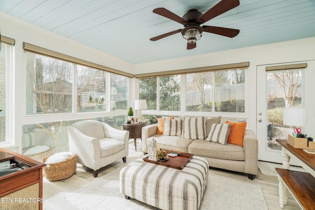 sunroom featuring plenty of natural light and ceiling fan