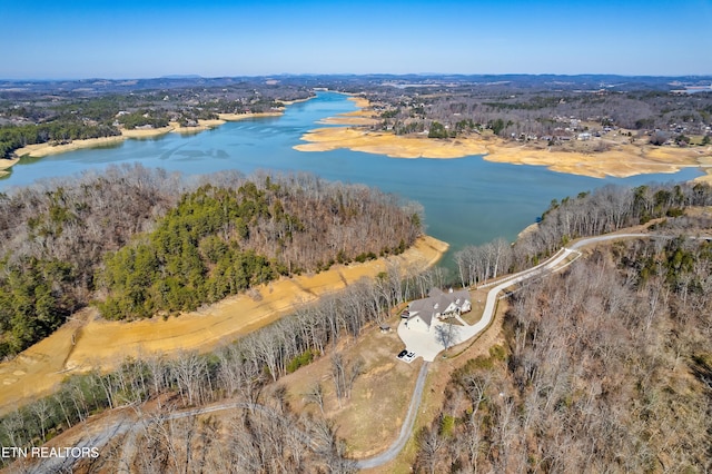 birds eye view of property with a water view and a wooded view