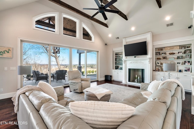 living room featuring high vaulted ceiling, dark wood-style flooring, a fireplace with flush hearth, visible vents, and baseboards