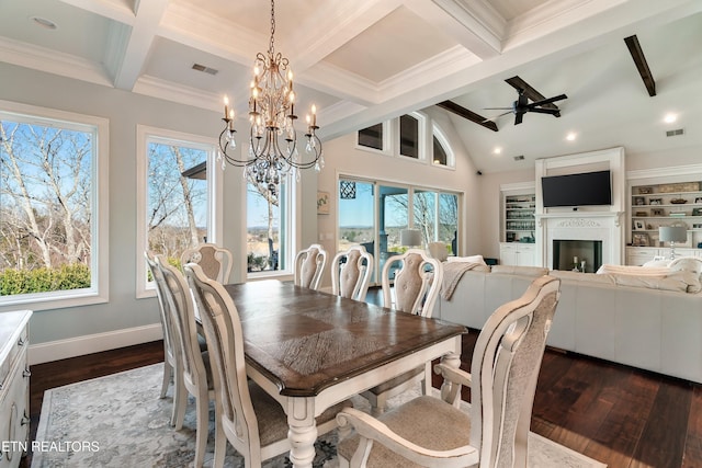 dining room featuring a fireplace, dark wood finished floors, visible vents, lofted ceiling with beams, and baseboards