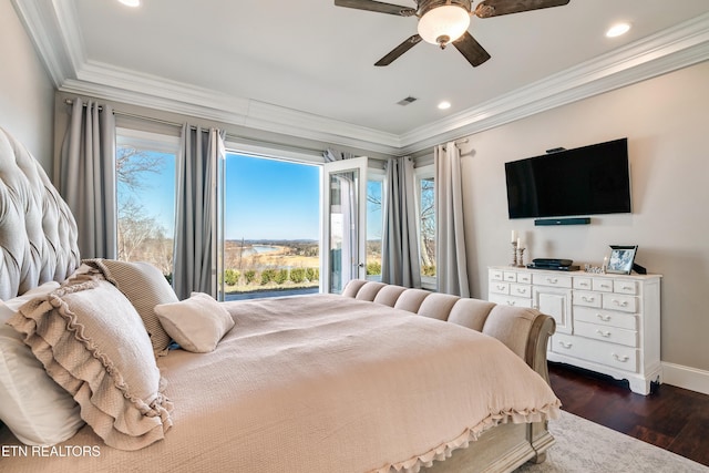 bedroom featuring recessed lighting, dark wood-style flooring, visible vents, baseboards, and ornamental molding