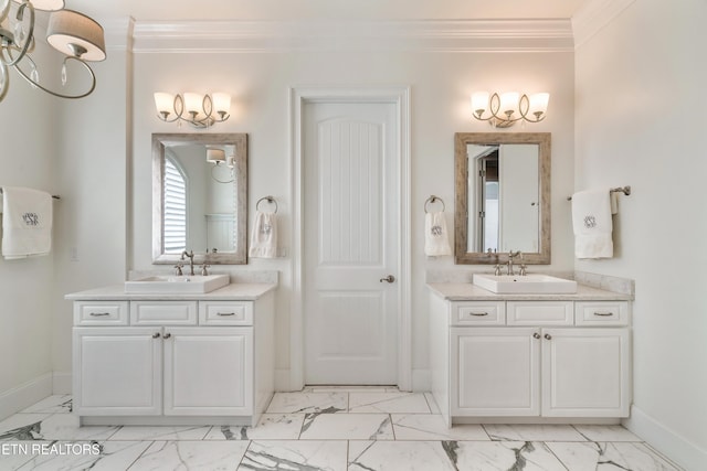 full bathroom featuring marble finish floor, crown molding, and a sink