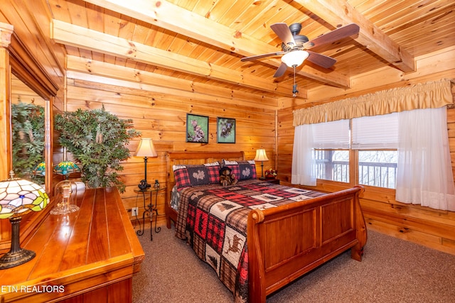 bedroom featuring wood ceiling, light carpet, beamed ceiling, and wooden walls