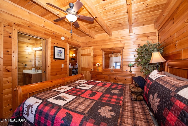 bedroom featuring beam ceiling, wooden ceiling, and wooden walls