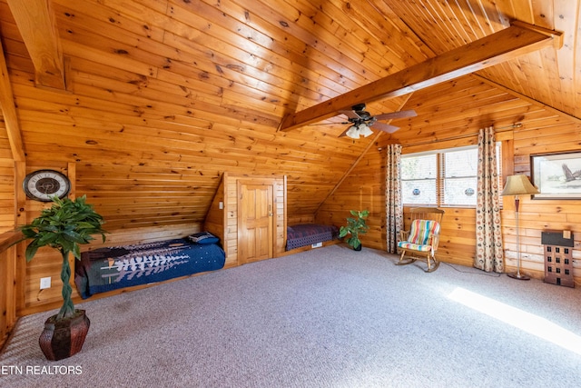 unfurnished bedroom featuring lofted ceiling with beams, wood ceiling, and wooden walls