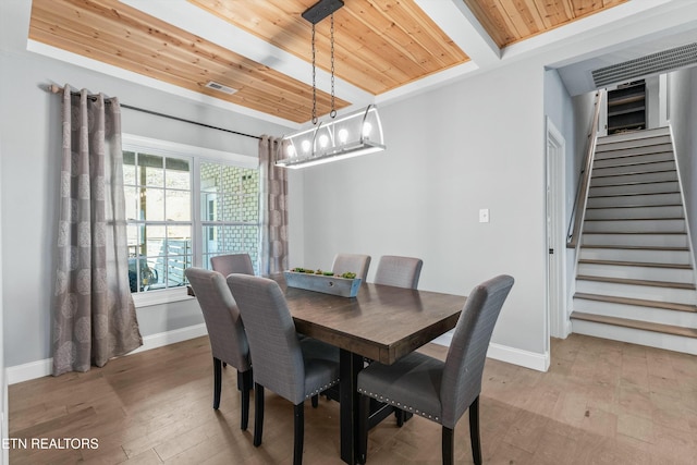 dining space featuring visible vents, baseboards, wood ceiling, stairway, and light wood-style floors