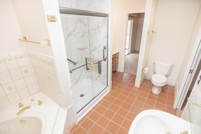 bathroom featuring tile patterned flooring, toilet, a bath, and a marble finish shower