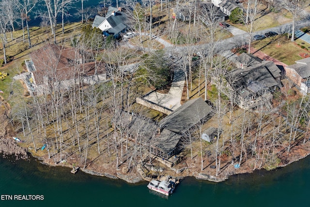 drone / aerial view featuring a water view